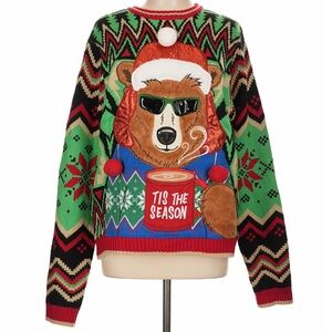 Blizzard Bay Ugly Christmas Sweater Bear Coffee “Tis The Season” Size L unisex